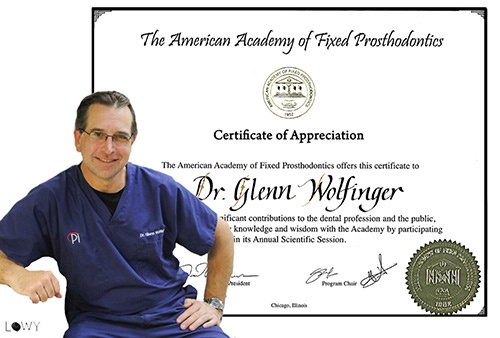 The American Academy of Fixed Prosthodontics presented Dr Wolfinger with a Certificate of Appreciation for significant contributions to dental profession and the public and for sharing knowledge and wisdom with Academy.