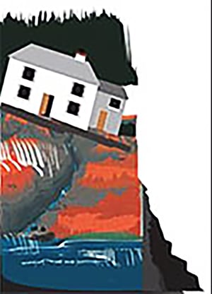 Drawing of a slippery slope with a house sliding into the sea.